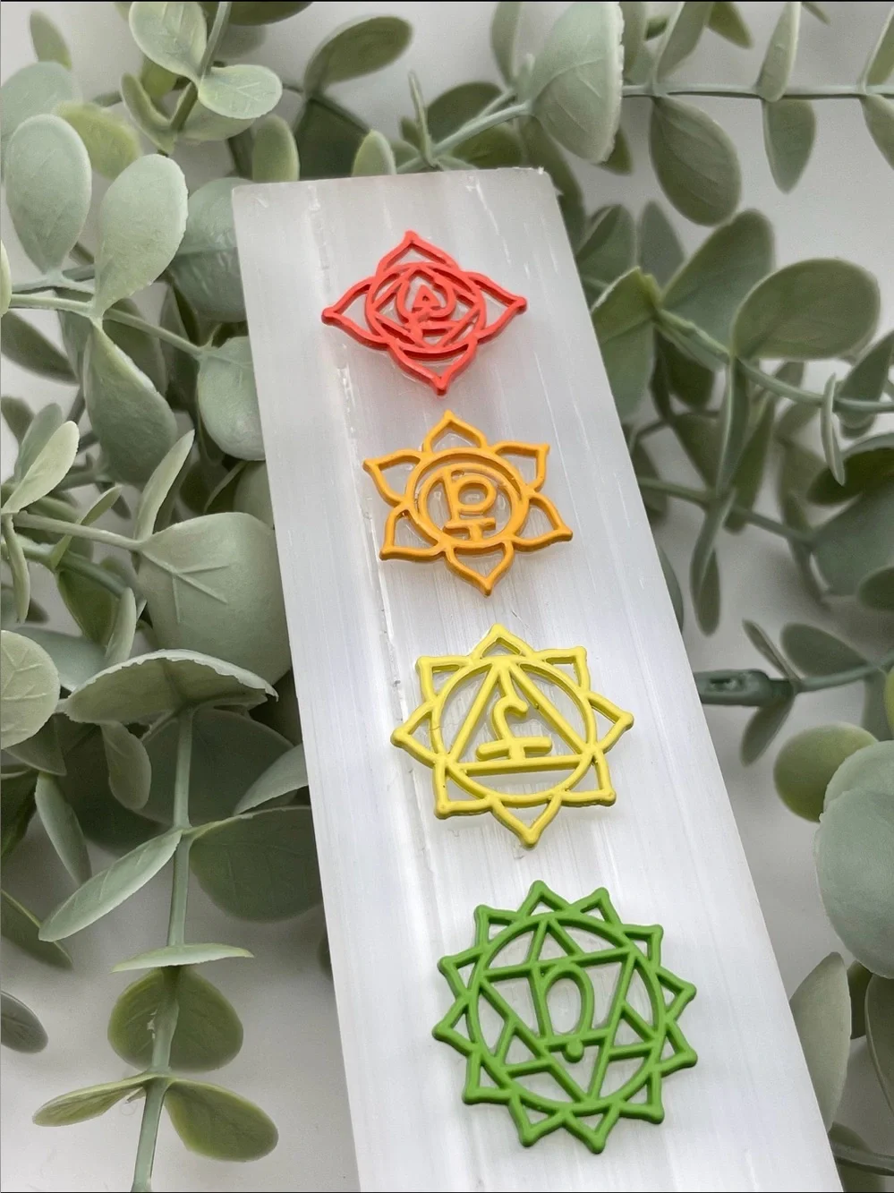 Chakra Selenite Charging Plate with Multicolor Chakra Symbols